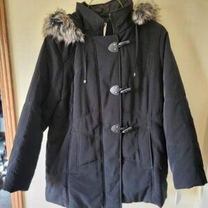 Faux Fur Hooded Winter Coat, 1X, Black